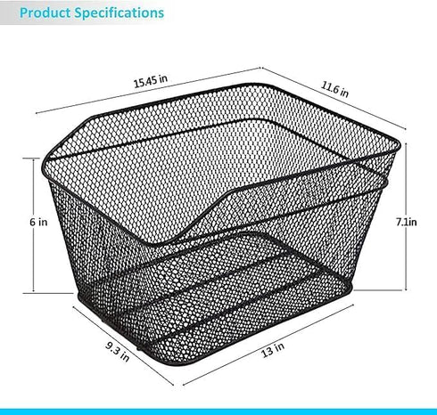 Rear Bike Basket, Bicycle Rack Basket with Rainproof Reflectors and Cargo Net, 15.45 * 11.6 * 7.1 inches