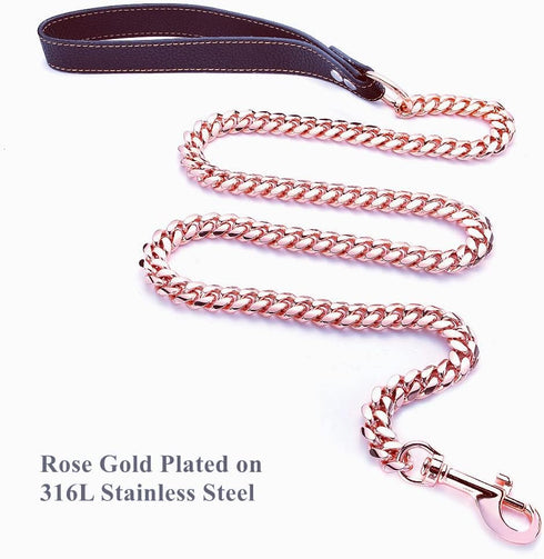 Rose Gold Dog Chain Leash - 10MM 14MM Curb Cuban Link, Strong Chew Proof Stainless Steel, 3FT/4FT/5FT for Small Medium