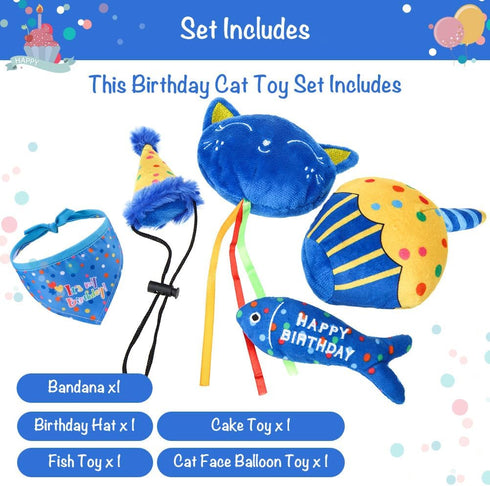BINGPET Cat Birthday Catnip Toys, Cat Birthday Hat, Bandana and Cake Interactive Plush Kitten Chew Toys