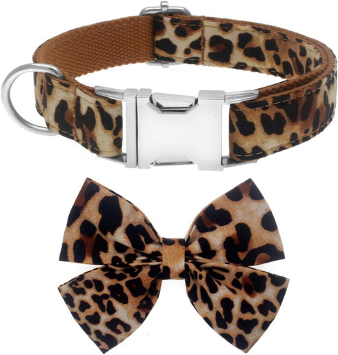 Dog Collar with Bow, Adjustable Cotton & Webbing Detachable Bowtie Dog Collars and Leash for Small Medium Large Dogs