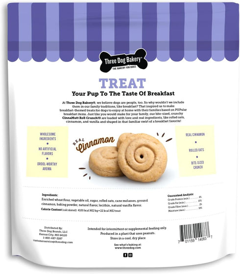 Three Dog Bakery CinnaMutt Roll Crunch Dog Treat, Crunchy Cinnamon Roll Flavored Dog Cookie