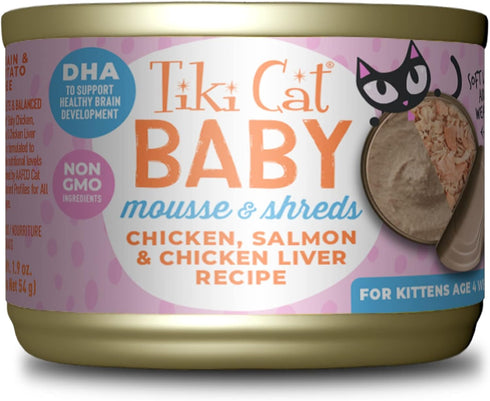 Tiki Cat Baby Mousse & Shreds, Chicken, Salmon, and Chicken Liver, High-Protein, Wet Cat Food for Kittens 4 Weeks+, 1.9 oz. Cans (Pack of 3)