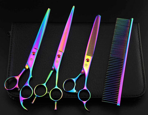 Purple Dragon 8.0" Titanium Multicolor Professional Pet Grooming Scissors Set - Straight, Thinning & Curved Scissors