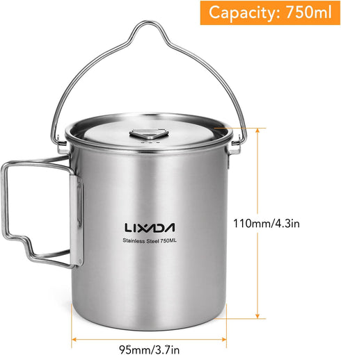 LIXADA Camping Cup Pot - 750ml Stainless Steel Water Cup with Foldable Handles and Lid for Outdoor Use