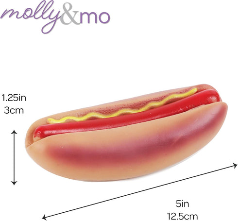 Molly & Mo Squeaky Dog Chew Toys, Assorted Sizes Hot Dog, Steak, Ice Cream Shapes for Different Breeds (Hot Dog)