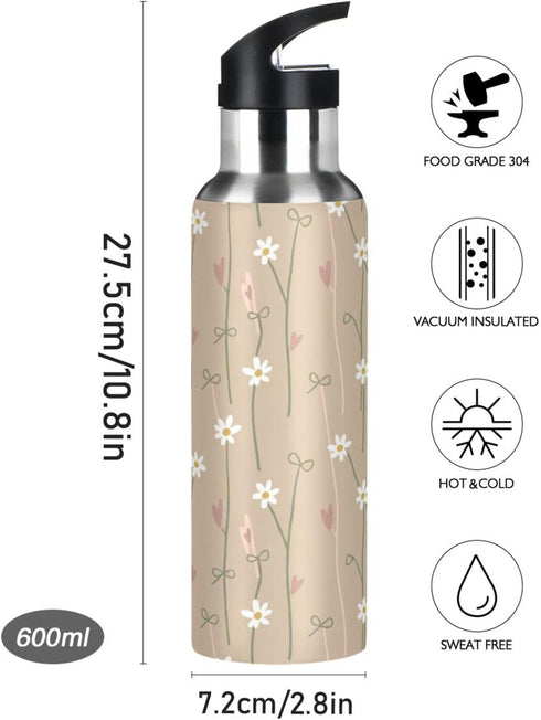Wassud 32 oz Water Bottle Warm Beige Floral Stainless Steel Sport Water Bottle with Straw Insulated Water Bottles