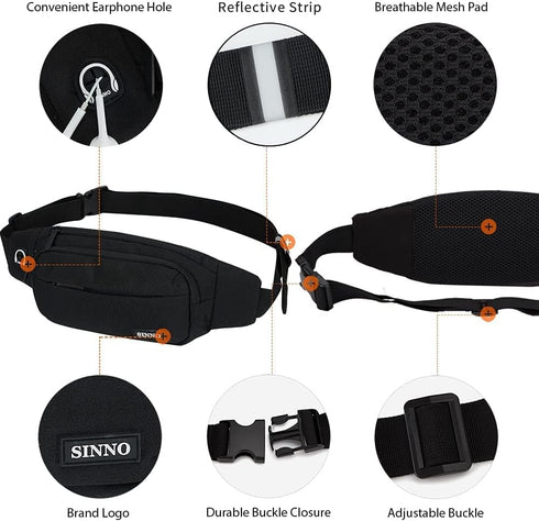 SINNO Large Crossbody Fanny Pack for Men Women, 4-Zipper Pockets Belt Bag for Travel Running Hiking
