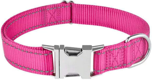 Reflective Dog Collar with Metal Buckle, Adjustable Safety Nylon for Small Medium Large Dogs, ID Tag Ring Included