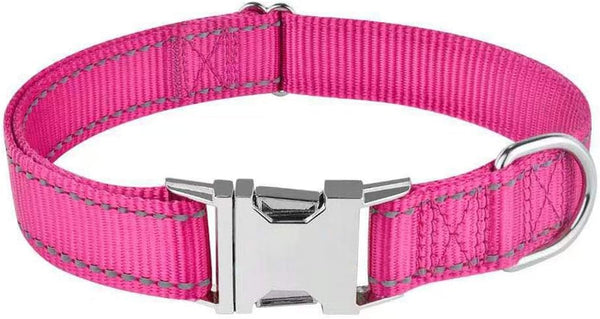 Reflective Dog Collar with Metal Buckle, Adjustable Safety Nylon for Small Medium Large Dogs, ID Tag Ring Included