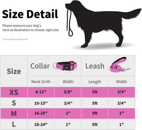IVY&LANE Reflective Dog Collar and Leash Set, Breathable Nylon Pet Collar, Adjustable Neoprene Padded for Small Medium