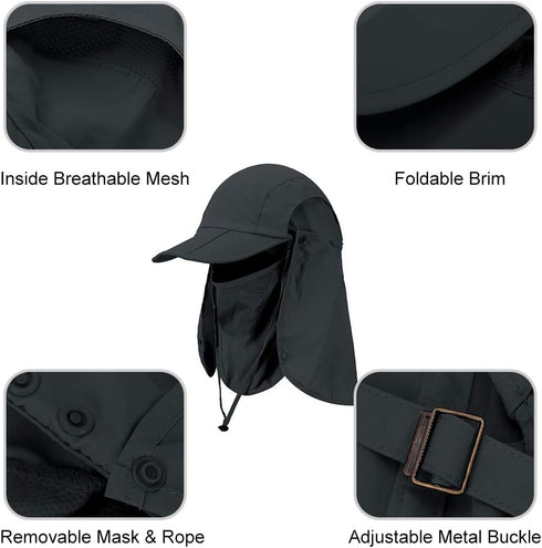 Foldable Sun Cap with Face Mask Neck Flap, Fishing Hats, UPF 50+ Protection Caps