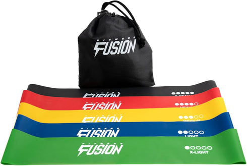 Fitness Fusion Resistance Loop Exercise Bands with Carry Bag Instruction Guide, Set of 5 for Women and Men