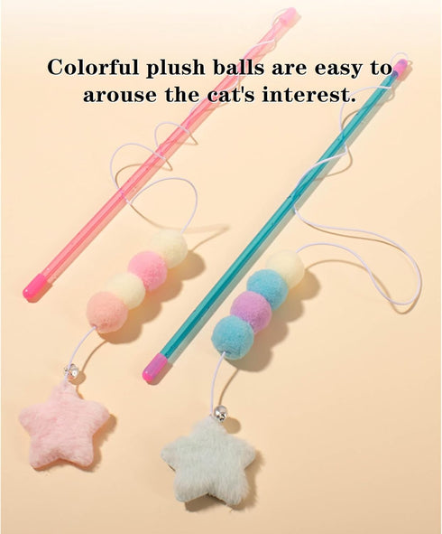 FJYXCHENXM 2 PCS Cat Wand Toy Interactive Cat String Toys Elastic Rope Plush Ball Star Pendant Cat Feather Toy Cat