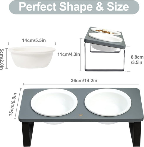 Sunhoo Ceramic Elevated Cat Bowls, Grey - Raised Puppy Dishes with Tilted Bamboo Stand for Anti Vomiting