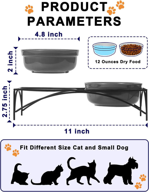 Y YHY Dog&Cat Food Bowls,12OZ Ceramic Raised Pet Bowls for Food and Water, Two Elevated Pet Dishes Bowls 2.75” Height Sturdy Metal Stand, Grey