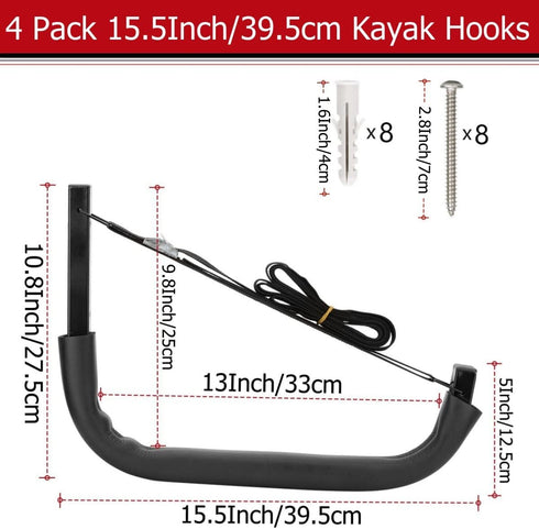 Kayak Storage Hooks, Heavy Duty Wall Mount Garage Hangers for Canoes or Paddleboards