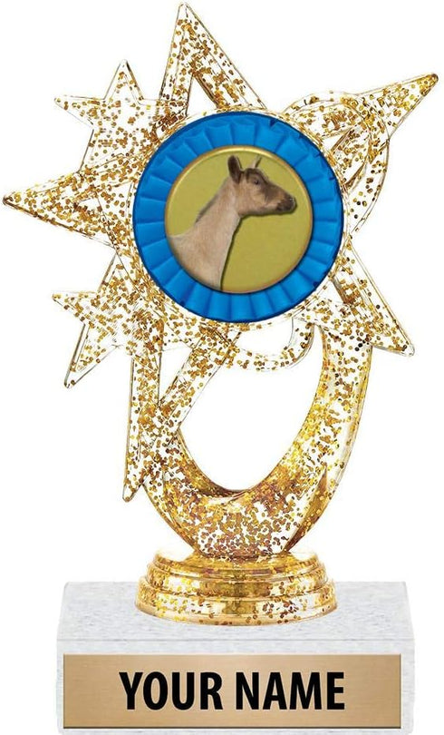 5.5" Gold Glitter Dairy Goat Trophies, Custom Astral Star Dairy Goat Trophy