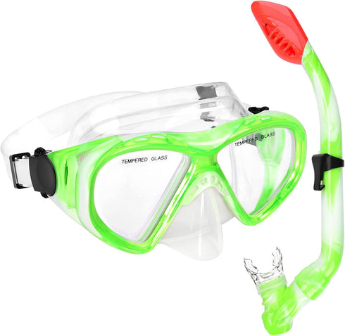 Kids Snorkel Set, Dry Top Snorkeling Gear for Youth Age 5-15, Tempered Glass Diving Mask