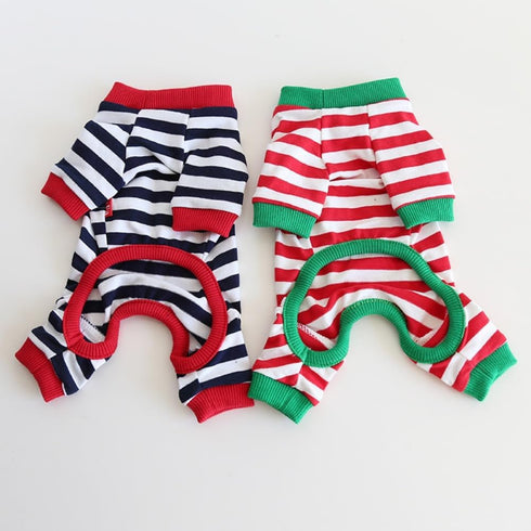 Hdwk&Hped Soft Cotton Dog Pajamas, Striped Solid Pet Jumpsuit for Small Dog Cat Puppy, 3 Styles (Christmas Style 2-Pack)