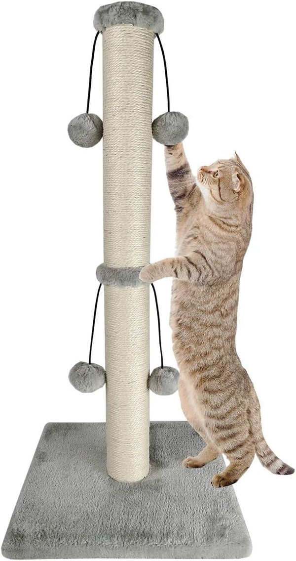 Dimaka 29'' Cat Scratching Post - Natural Sisal Rope Scratcher Post with 4 Dangling Toy Balls for Large Cats (Grey)