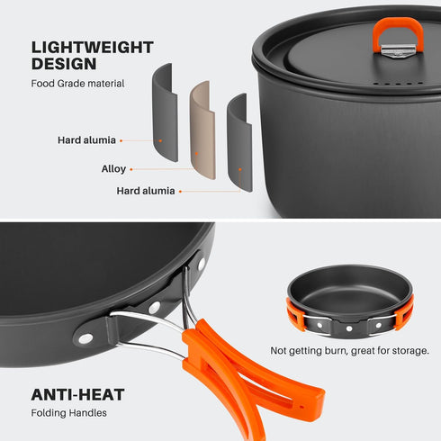 Odoland 15pcs Lightweight Non-Stick Camping Cookware Pots and Pans Set with Plastic Plates and Bowls