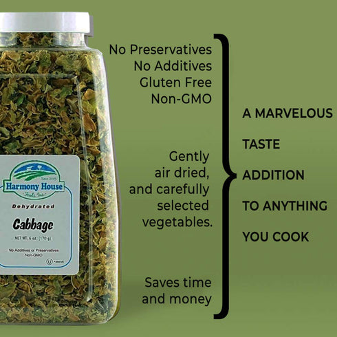 Backpacking, 24 Harmony House Foods Dehydrated Cabbage Flakes - Air Dried Vegetables for Soup and Cooked Dishes, Great