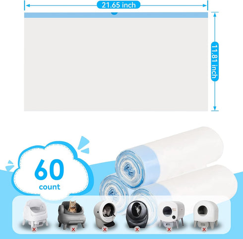 60 Count, 21.65"x11.8" Cat Litter Bags Drawstring Close Litter Box Liners for Automatic Litter Box,Thick Cat Poop