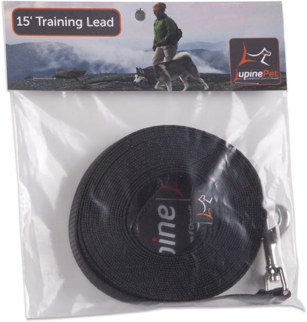 LupinePet Basics 1/2" Black Extra-Long Training Lead/Leash for Small Pets, 15-foot