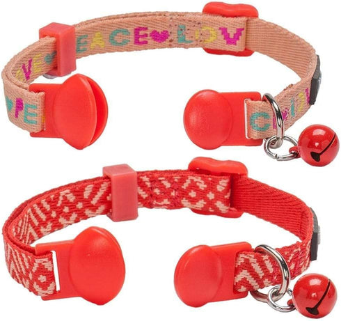 Blueberry Pet Pack of 2 Cat Collars, Adjustable Breakaway with Bell, Love Peace Theme & Salmon Pink Geometry