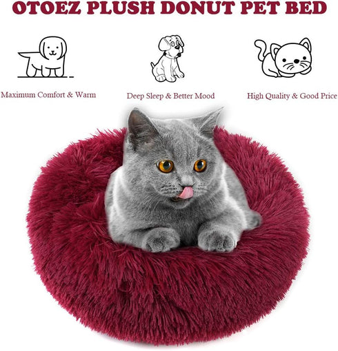 otoez Kitten Puppy Bed, Extra Small Round Dog Cat Beds, Anti-Anxiety Plush Calming Donut Bed, Washable (15.7", Dark Red)
