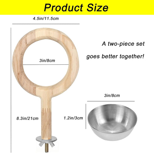 ASOCEA Bird Perch with Bird Feeding Cups, Parrot Wood Perch Stand Toy, Bird Cage Accessory with Stainless Steel Feeding Bowl, Bird Stainless Steel Food Water Bowls for Lovebird Parakeet Budgie Parrots