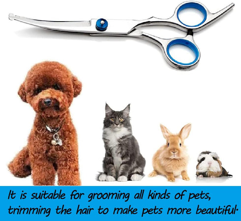 Curved Pet Hair Grooming Scissors, Professional Dogs Cats Shears, Heavy Duty Titanium Stainless Steel with Safety Round