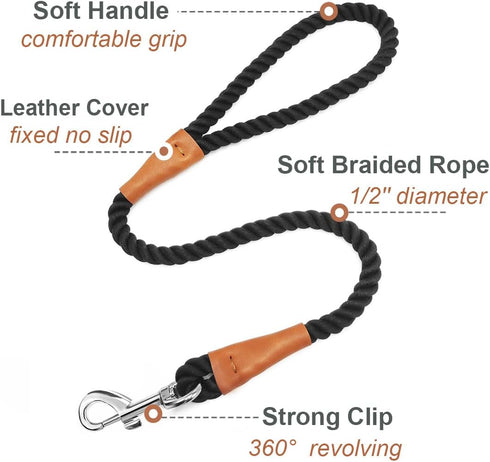 2 FT Short Dog Leash, Soft Braided Leash with Leather Connection for Small to Large Dogs (24 Inch x 1/2'')