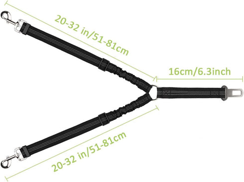 SlowTon Adjustable Dog Seat Belt - Double Dog Safety Leash with Elastic Bungee Buffer (Black, M)