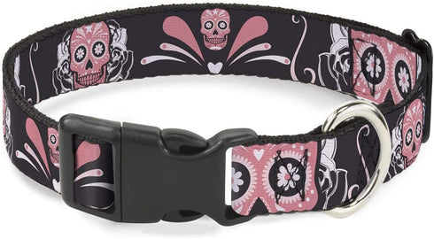 Buckle-Down Plastic Clip Collar - Sugar Skulls Gray/Pink, 1" Wide, Fits 11-17" Neck, Medium