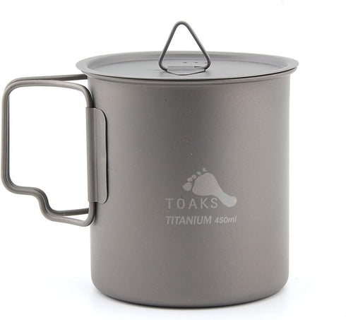 TOAKS Titanium Camping Cup, 450ml with Lid – Compact, Foldable Handle, Rustproof and Durable
