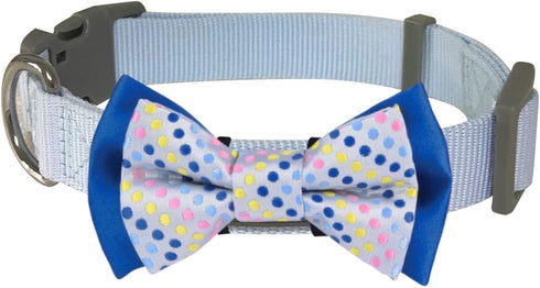 Blueberry Pet Polka Dots Handmade Detachable Bow Tie Adjustable Dog Collar in Pastel Blue, Small, Neck 12"-16"