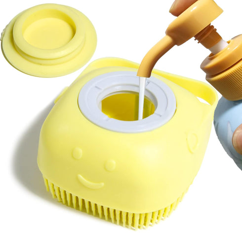 Dog Bathing Brush, Pet Massage Shampoo Dispenser, Soft Silicone Rubber Bristle for Dogs and Cats Grooming (Yellow)