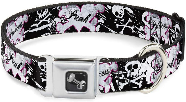 Dog Collar Seatbelt Buckle - Punk Princess Heart Cross Bones Skulls Splatter Black White, 1.5 Inch Wide, 16 to 23 Inches