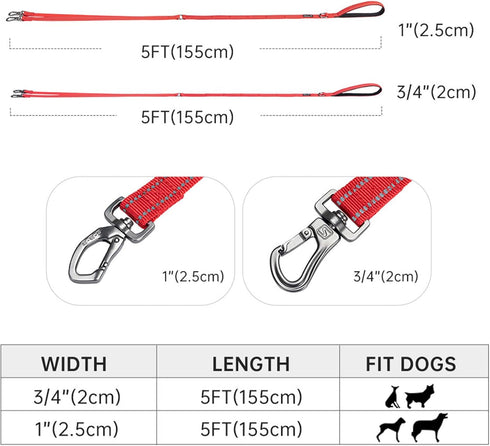 EXCELLENT ELITE SPANKER Reflective Dual Dog Leash, 5FT Multiple Dog Leash with Padded Handle for Two Dogs Walking