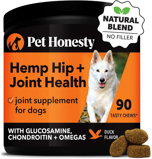 Pet Honesty Hemp Hip & Joint Supplement for Dogs, Glucosamine Chondroitin, Turmeric, Supports Mobility, Duck Flavor.