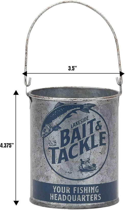 Lakeside Bait and Tackle Metal Bucket - Decorative Fishing Pail for Pencils, TV Remotes, or Tools
