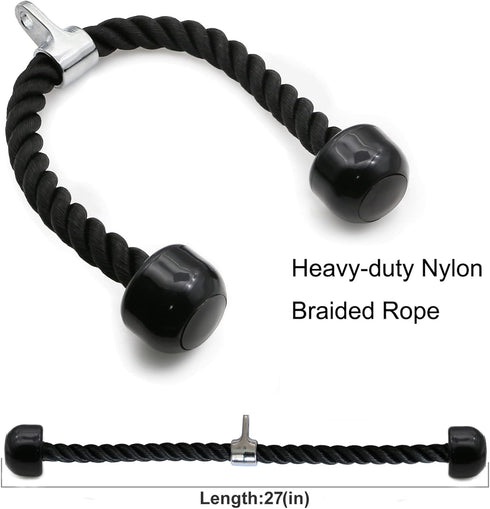 Tricep Rope 27 & 36 inches 2 Colors Fitness Attachment Cable Machine Pulldown Heavy Duty Coated Nylon Rope with Solid Rubber Ends