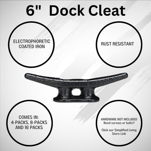 Simplified Living 6" Black Dock Cleat | Weatherproof Cast Iron Tie Downs for Marine Pier or Nautical Décor
