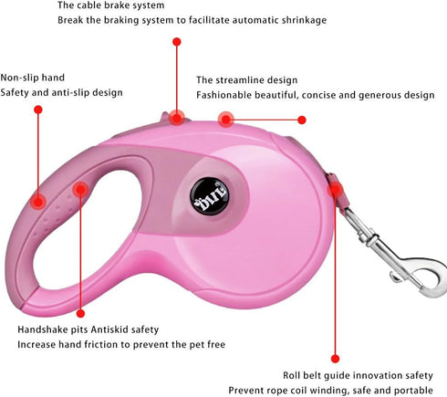 Secfanya Retractable Dog Leashes, Pet Leash Dog Lead for Small Medium Large Dog up to 33lbs, Anti-Slip Handle, One-Handed Brake, Pause, Lock, Nylon Ribbon Pink