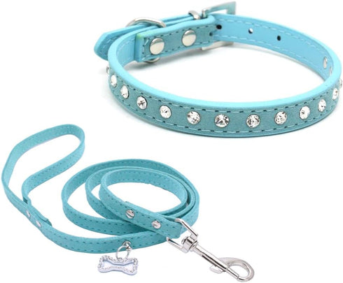 Dogs Kingdom Jeweled Rhinestones Pet Dog Collar Leash Set, 10"-16.5" Total Length, Blue M