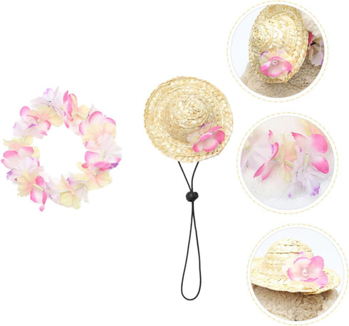 1 Set Mini Straw Hat and Flower Headband for Pets, Cat Floral Headpiece, Hawaiian Dog Hat, Puppy Grooming Accessories