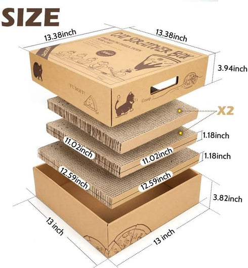 2 Pack Cat Scratcher Box with 3 PCS Scratching Pads, Reversible Cardboard Lounge Bed with Feather Toy