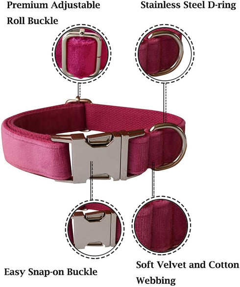 Soft Velvet Dog Collar and Leash Set, Heavy Duty Metal Buckle Adjustable Durable Pet Collars for Small Medium Large
