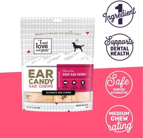 5ct I and love and you Ear Candy Cow Ear Chews - Beef - Rawhide Alternative, Single Ingredient, Free Range Grass Fed